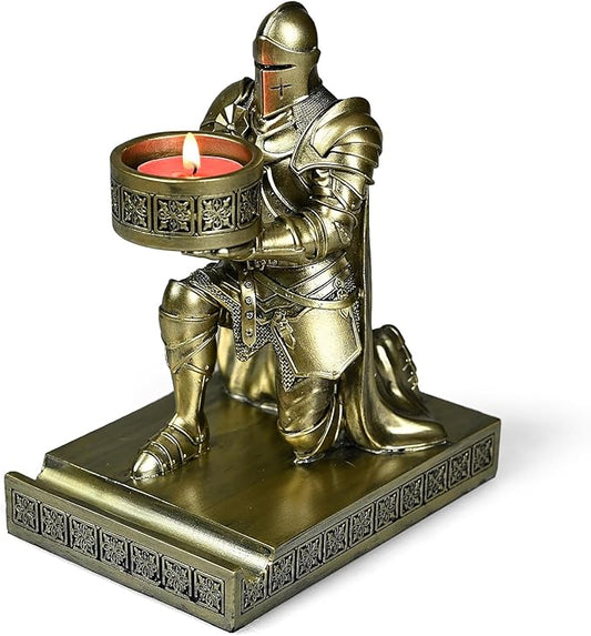 King's Guard Kneeling Knight Candlestick Holders Resin Posture TeaLight Holder Warrior Mobile Phone Stand Pen Holder Candle Holder for Restaurant, Altar, Home Table(Bronze)-DeskLoop Office