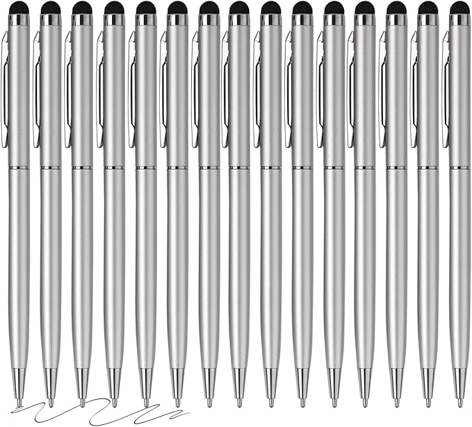 15 Pack Stylus Pens for Touch Screens Stylus Pen Compatible with Phone Tablets Kindle and Black Ink Ballpoint Pens-2 in 1 Stylists pens for Touch Screens (Silver)-DeskLoop Office