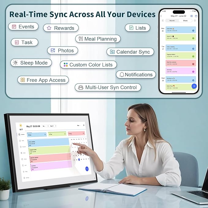 21.5 Inch Digital Calendar, WiFi Smart Electronic Calendar & Chore Chart, 1920 * 1080 IPS Touch Screen HD Display for Family Schedules, Streamline Household Organization, Wall Mount Included-DeskLoop Office