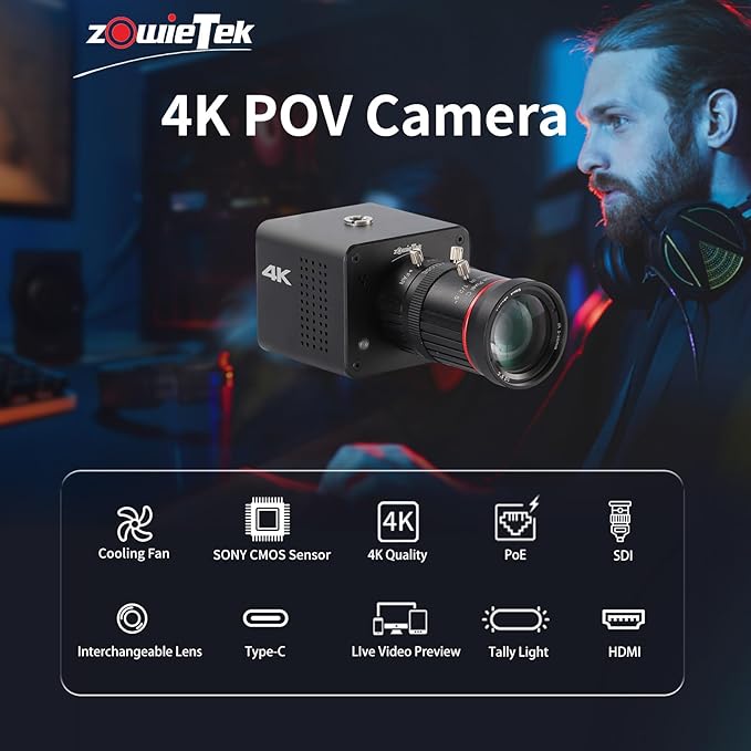4K POV Box Camera PoE, ZowieCAM, Webcam, Simultaneously HDMI & SDI Output, RTSP/RTMP(s)/SRT, Standalone Live Streaming to YouTube/Twitch for Webcast, Meeting, Teaching & Gaming (CS)-DeskLoop Office