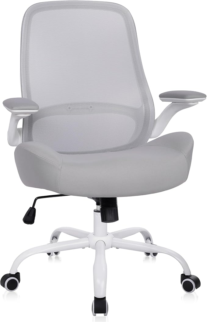 HYLONE Heavy Duty Office Chair, 5" Thickened Seat Ergonomic Desk Chair with Adjustable Armrests, Home Office Computer Chairs for Long Hours Mesh Executive Chair(White Base & Grey)-DeskLoop Office