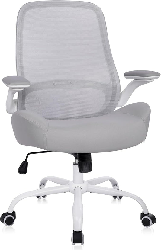 HYLONE Heavy Duty Office Chair, 5" Thickened Seat Ergonomic Desk Chair with Adjustable Armrests, Home Office Computer Chairs for Long Hours Mesh Executive Chair(White Base & Grey)-DeskLoop Office