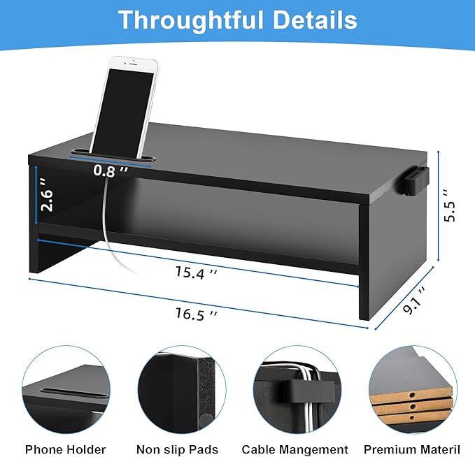 Marbrasse Monitor Stand Riser, 16.5 Inch 2 Tier Computer Printer Shelf Stand for Laptop Computer Screen Storage, Desktop Stand with Phone Holder and Cable Management Black-DeskLoop Office