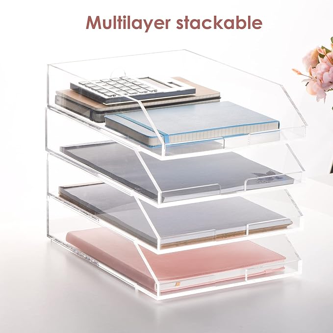 (2pcs Pack) Stackable Clear Acrylic Paper Trays, Desk File Organizer, A4 Paper Holder, Letter Tray-DeskLoop Office