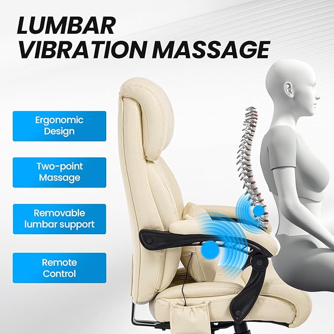 Lumbar Massage Office Chair, 500LBS Big and Tall Office Chair, Heavy Duty Ergonomic Executive Reclining Chair with High Back and Lumbar Support, Beige-DeskLoop Office