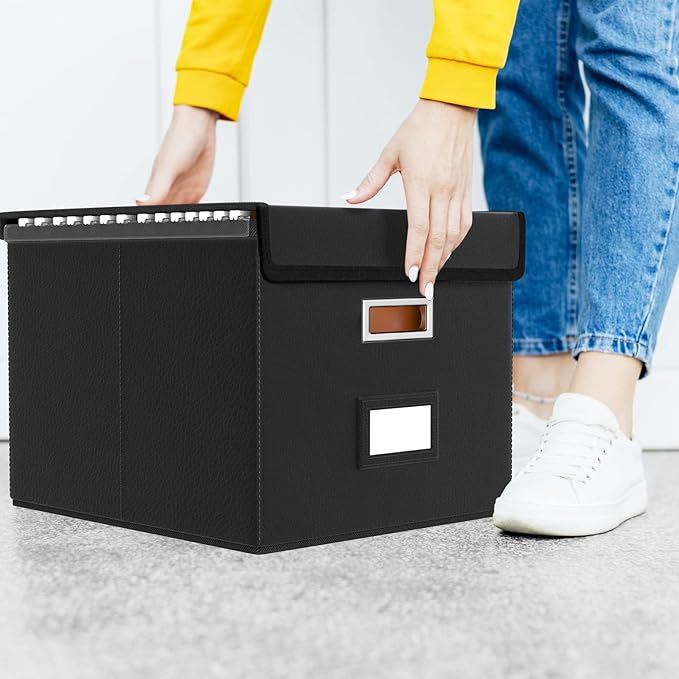Huolewa File Organizer Box with Lid, Collapsible Faux Leather Hanging File Folder Box Organizer with Plastic Slides, Decorative Home/Office Filing System Boxes for File and Folders Storage-DeskLoop Office