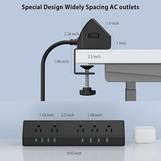 45W Fast Charging Station,Desk Clamp Power Strip,4 PD USB-C Ports,5 AC Outlets,Surge Protector Power Strip, 14AWG Heavy Duty Cord, Fits 1.9" Tabletop Edge (Black, 15 FT Cable)-DeskLoop Office