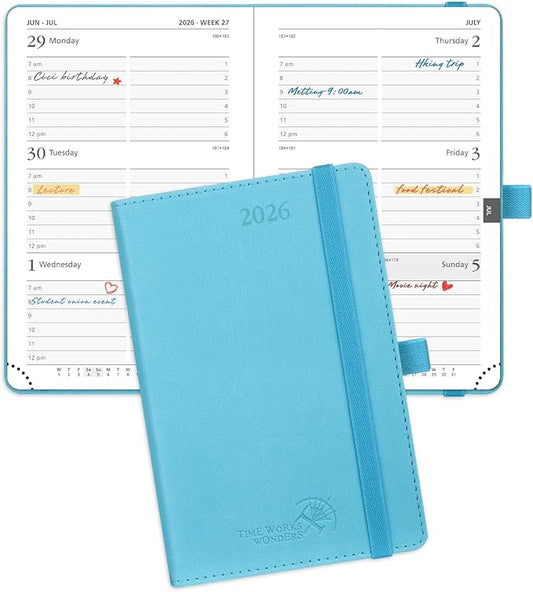POPRUN Pocket Calendar 2026 (Small Size- 4'' x 6.25") Weekly and Monthly for Purse - Planner 2026 (Jan. 2026 - Dec. 2026) with Vegan Leather Soft Cover, Plastic Ruler,TJ-26-CELA6 - Blue Green-DeskLoop Office