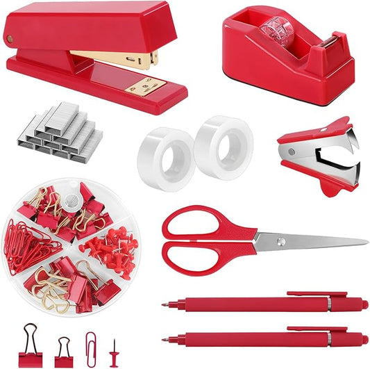 SKYDUE Red Office Supplies Set, Desk Accessories, Stapler, Tape Dispenser, Scissors, Binder/Paper Clips and 1000pcs Staples, Office Decor for Women-DeskLoop Office