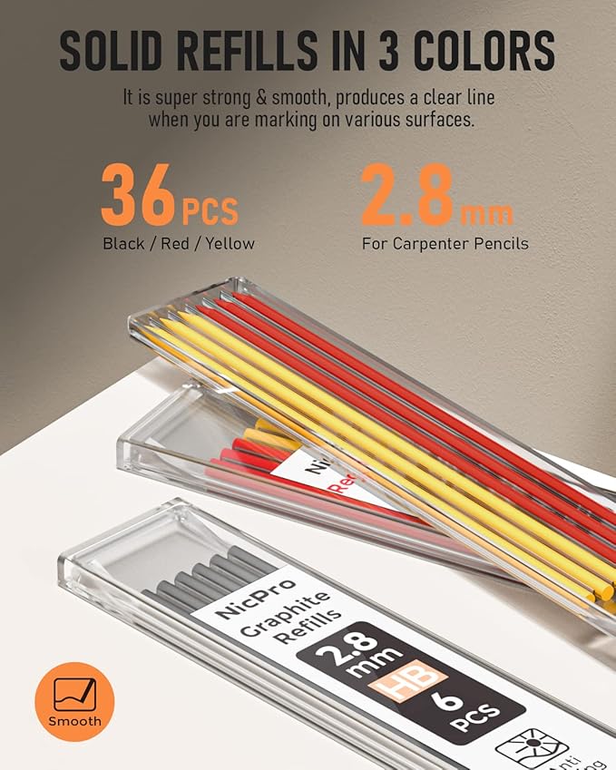Nicpro 3 Pack Carpenter Pencil with Sharpener, Mechanical Carpenter Pencils with 39 Refills, Construction Pencil Heavy Duty Woodworking Pencils for Architect (Red, Black, Yellow)- With Case-DeskLoop Office
