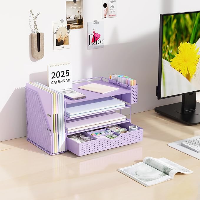 Wood Desk Organizers and Accessories with File Holder, 4-Tier Desk Accessories & Workspace Organizers with Drawer and Pen Holder, Paper Organizer for Office Supplies (Purple)-DeskLoop Office