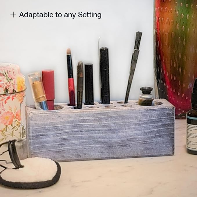 Whitewashed Wooden Pen Holder, Grey Solid Wood Desk Organizer, Rustic Paint Brush Holder and Art Supplies Organizer-DeskLoop Office