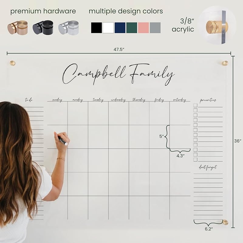 Personalized Clear Acrylic Calendar for Wall, Calendar Whiteboard for Wall, Dry Erase Wall Calendar, Wall Calendar Organizer System for Home (Cursive, White, 47.5"W x 36"H)-DeskLoop Office