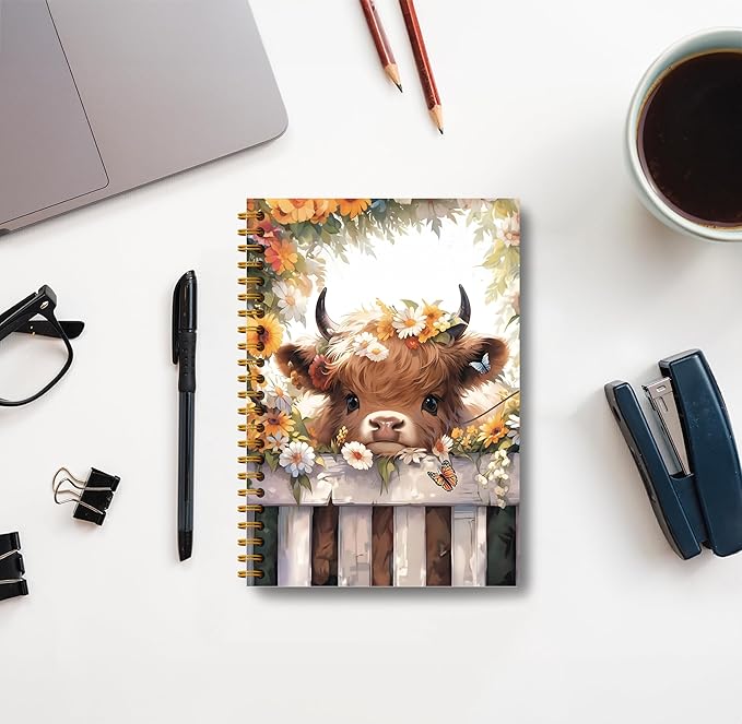 Floral Highland Cow Notebook - Western Cow Notebook, Highland Cow Office Supplies, Highland Cow Gifts, Cow Lover Gifts, Cute Cow Stuff, Cute Daisy Flower Highland Cow Spiral Notebook 5.5x8.3-DeskLoop Office