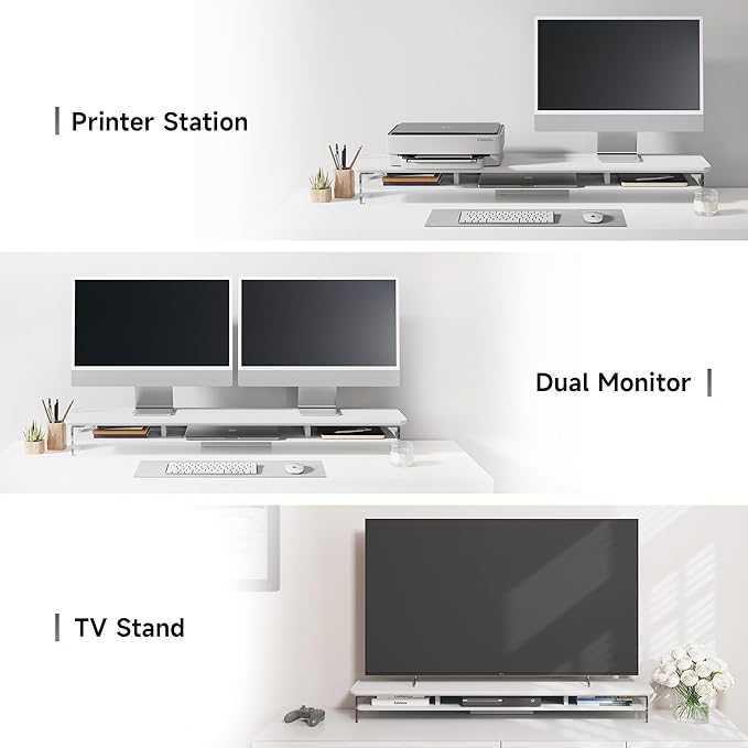Fenge Acrylic Monitor Stand Riser, 42.5 Inches Dual Monitor Stand with Metal Storage, 2 Tier Acrylic Computer Riser for Desk, Clear Laptop Stand for PC, Laptop, Printer, TV, White-DeskLoop Office