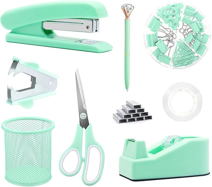 Green Desk Accessories, Pink Office Supplies Set with Stapler, Tape Dispenser, Staple Remover, Pen Holder, Scissor, Binder/Paper Clips, Ballpoint Pen, Clear Tape and 1000pcs Staples-DeskLoop Office