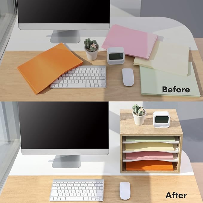 FITUEYES Wood Desk Paper Sorter Organizer with 4-Tier Storage, Desktop Paper File Holder Letter Tray for Home and Office, Light Wood, DO403506WO-DeskLoop Office