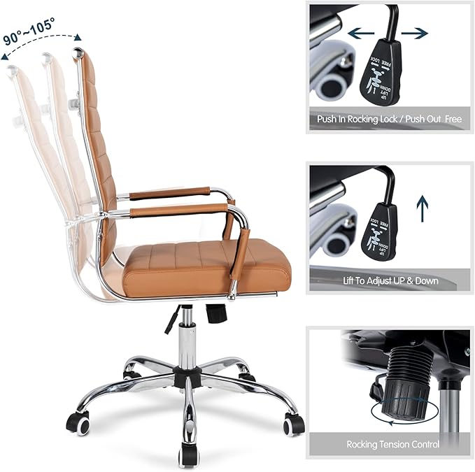 Home Office Chair Ribbed, Modern Leather Conference Room Chairs, High Back Executive Computer Chair, Ergonomic Office Desk Chair, Adjustable Swivel Chair with Arms (Brown)-DeskLoop Office