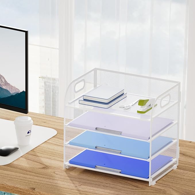 Marbrasse 4 Tier Paper Organizer Letter Tray, Mesh Desk File Organizer with Handle, Paper Sorter Organizer for Letter /A4 Office File Folder Holder(White, 12.6" x 9.1" x 10.7")-DeskLoop Office