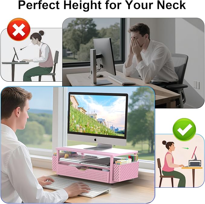 Desk Organizer and Accessories, Computer Monitor Stand Riser with Drawer and 2 Pen Holders, Office Desk Accessories & Workspace Organizers for Office Supplies (Pink)-DeskLoop Office