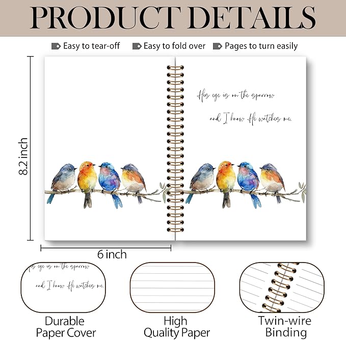 Christian Bird Sparrow Notebook Journal, Rustic Spring Bird Spiral Notebook, Sparrow Watching Notebooks Gifts for Birds Lovers Women Men, Birds Themed School Office Supplies, 6x8.2In-DeskLoop Office