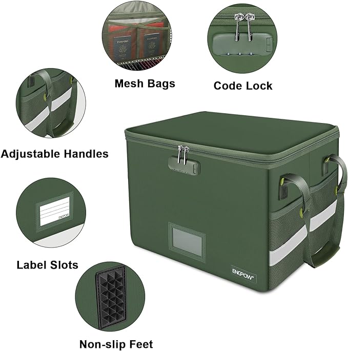 ENGPOW File Box with Lock, Fireproof Document Box with Zipper Lid, Collapsible File Storage Organizer Filing Cabinet with Handle, Portable Home Office Safe for Hanging Letter/Legal Folders, Green-DeskLoop Office