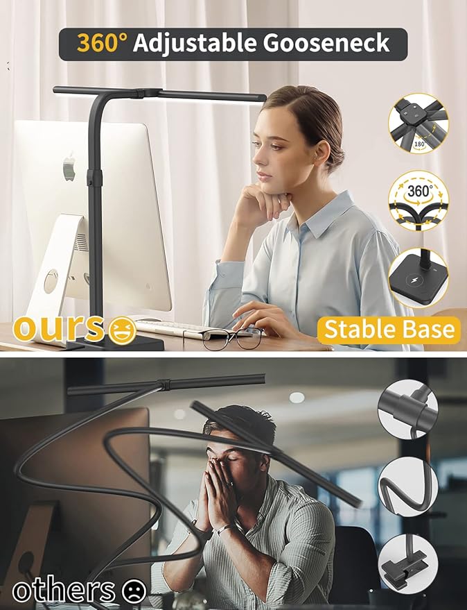 LED Desk Lamp for Home Office, Double Head 24W with Base, Architect Light 5 Lighting Brightness Flexible Gooseneck Table Reading Study, Black-DeskLoop Office