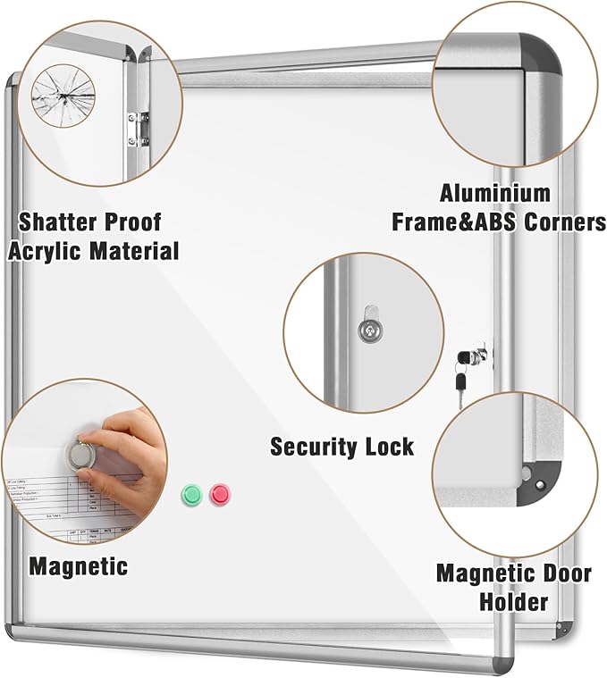 38"x38" Enclosed Bulletin Board, Lockable Weather-Resistant Aluminum Noticeboard for School & Office, Silver Frame w/Magentic Whiteboard-DeskLoop Office