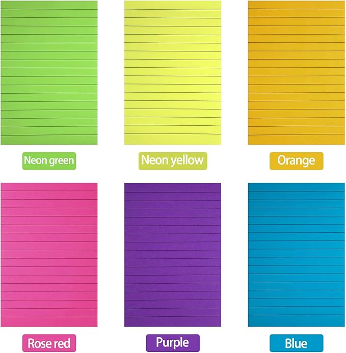 Outus 36 Pack Lined Sticky Notes 4 x 6 Inch Colorful Note Pads Back to School Lines Bright Ruled Self Sticky Pads Memos for Teacher School Classroom Office Supplies, 6 Colors (Fresh Color)-DeskLoop Office