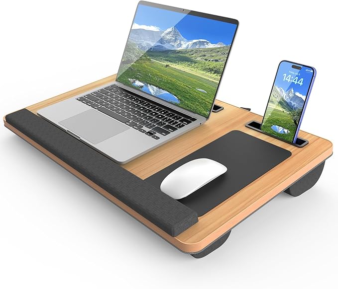 Laptop Lap Desk, Portable Large Laptop Desk for Bed, Up to 17 in Lap Table with Wrist Rest, Mouse Pad, Tablet Phone Slot, Portable Handle, Cushion (Light Brown)-DeskLoop Office