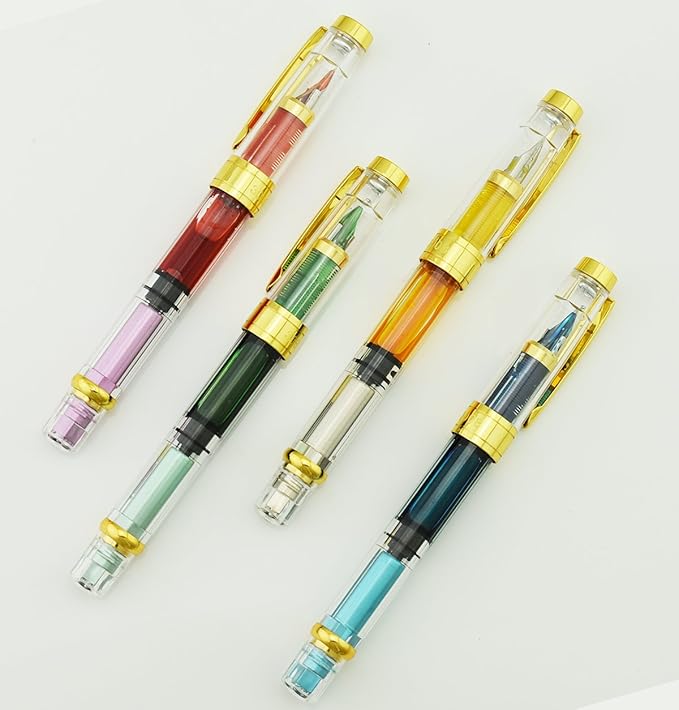 Lanxivi 4 PCS Yongsheng 3008 Piston Fountain Pen Fine Nib Transparent Diversity Color Gold Trim Set-DeskLoop Office