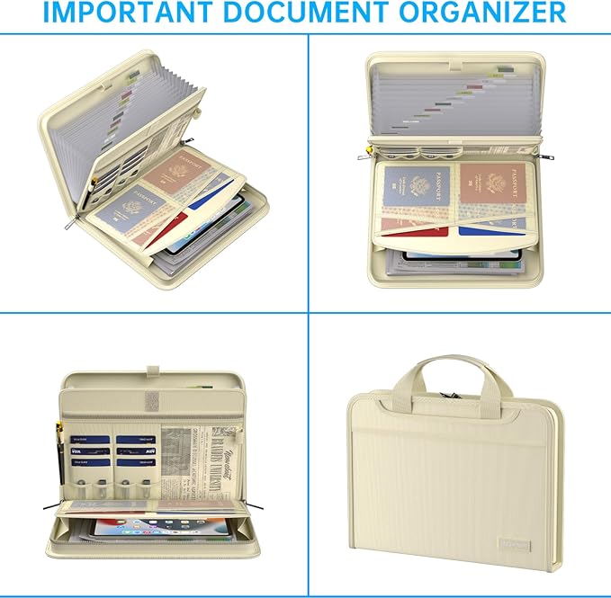 ENGPOW Accordion File Organizer,Fireproof Expanding File Folder with Multi Pockets,13 Pockets Document Organizer Bag with Handle & Labels,Portable Home Travel Safe Storage for Letter A4 Files,Beige-DeskLoop Office