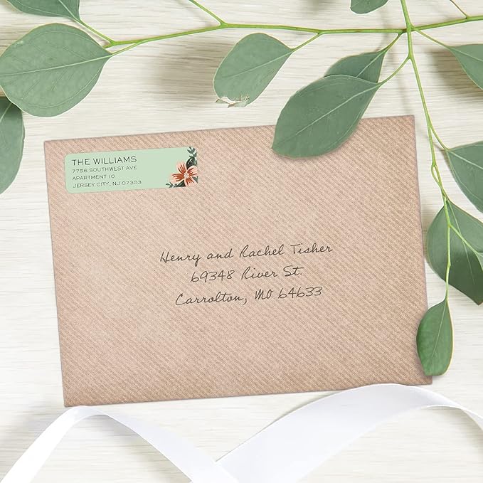 Mint and Pink Floral Rolled Address Labels/Roll of 250 Personalized Return Address Labels/Designer Return Address Stickers in Elegant Plastic Dispenser-DeskLoop Office