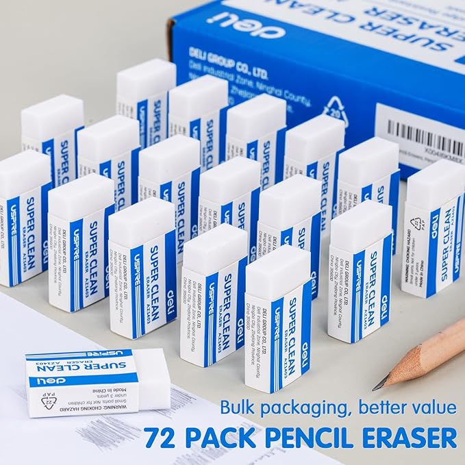 Deli Pencil Erasers, Pencil Eraser, 72 Pack, White Erasers, Erasers for Drawing, Kids, Artist, White, Large-DeskLoop Office