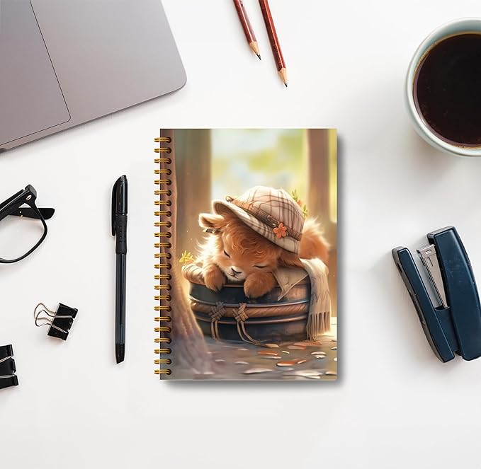 Cute Highland Cow Notebook - Western Cow Notebook, Highland Cow Office Supplies, Highland Cow Gifts, Cow Lover Gifts, Cute Cow Stuff, Funny Sleeping Highland Cow Spiral Notebook 5.5x8.3-DeskLoop Office