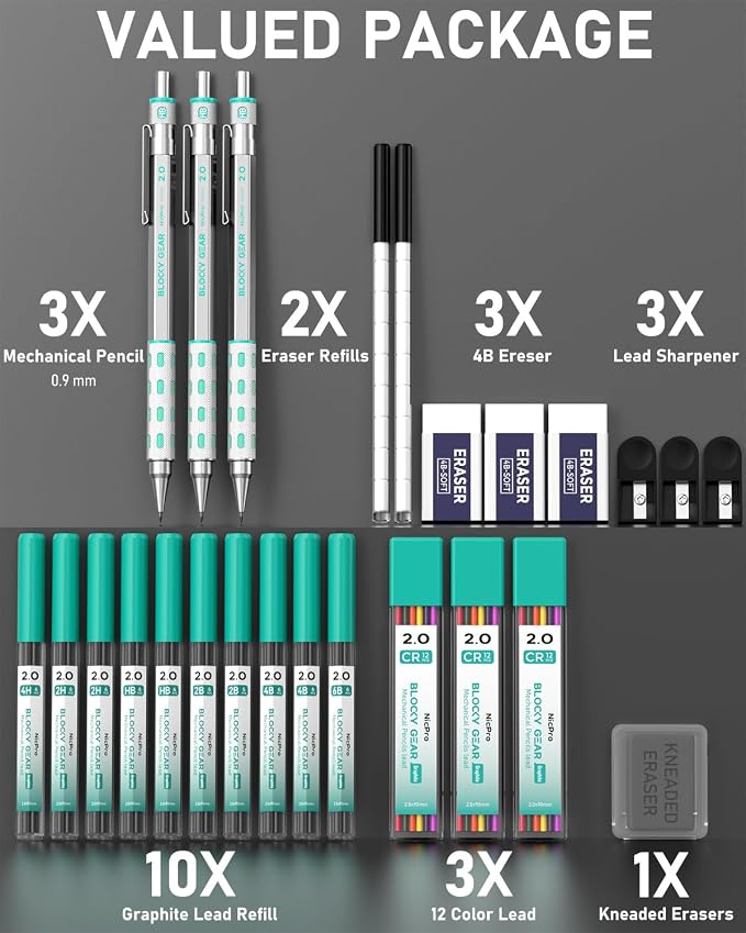 Nicpro 3 Pack Blocky Gear 2.0 mm Metal Mechanical Pencils Set - Image 8