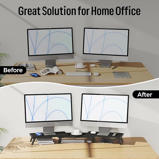 loukin Dual Monitor Stand Riser for Desk, 43.6"*8.2"*3.2" Large Computer Stand for 2 Monitors, Laptop, Printer, Length and Angle Adjustable Computer Shelf, Home Office,Max 43.6" Length(Black)-DeskLoop Office