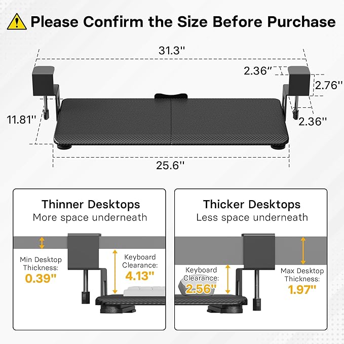 BONTEC KMT01 Under Desk Keyboard Tray, Pull-Out Keyboard & Mouse Platform with C-Clamp, 25.6 x 11.8 in Space-Saving Ergonomic Slide-Out Drawer, Black Carbon Fiber-DeskLoop Office