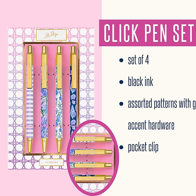 Lilly Pulitzer Black Ink Pen Set of 4, Retractable Pens for Home or Office, Colorful Plastic Click Pens, (Assorted)-DeskLoop Office