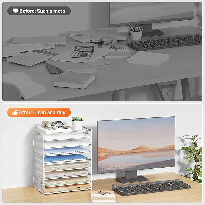 SUBEKYU 9 Tier Paper Letter Tray Desk Organizer with Handles - White Metal Mesh File Holder Paper Sorter Desk Organizer for Office Home School, Include 6 Pcs Adjustable Slid Tray, 6 Colors Available-DeskLoop Office