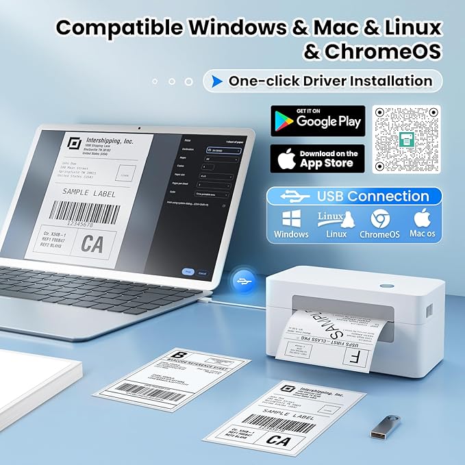 vretti USB Shipping Label Printer - 4x6 Thermal Label Printer for Small Business, Compatible with Windows,Mac,Linux and ChromeOS, Supports Barcodes, Shipping Labels, Mailing Labels, Etc.-DeskLoop Office