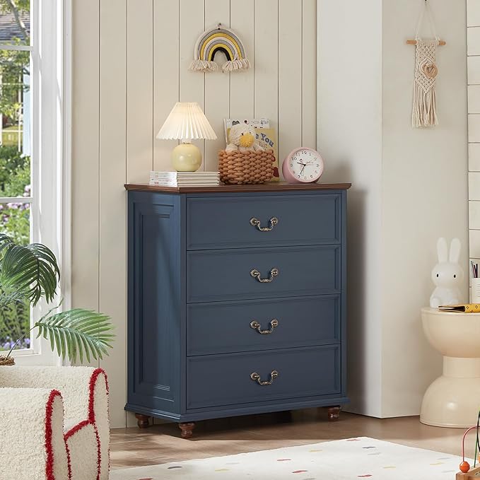 Farmhouse 4 Drawer Dresser Set of 2 for Bedroom, 37" Tall Rustic Chests of Drawers w/ 4 Solid Wood Feet, Mid Century Vintage Wooden Closet Storage Dressers Organizer for Living Room, Navy Blue-DeskLoop Office