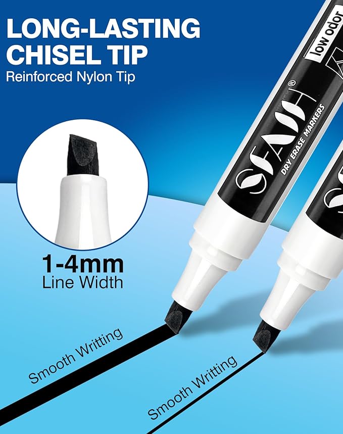 SFAIH Dry Erase Markers Chisel Tip with Magnetic Whiteboard Eraser, 72 Bulk Pack Black White Board Markers for Teachers & Students, Versatile Lines, 1s Quickly Dry, Perfect for Classroom and Office-DeskLoop Office