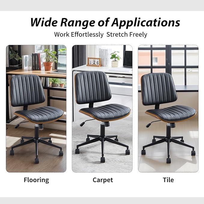 Small Home Office Chair - Armless Mid Back Desk Chair with 360° Swivel and Wheels, PU Upholstered Height Adjustable Modern Walnut Computer Chair for Home, Office Meeting Room - White-DeskLoop Office