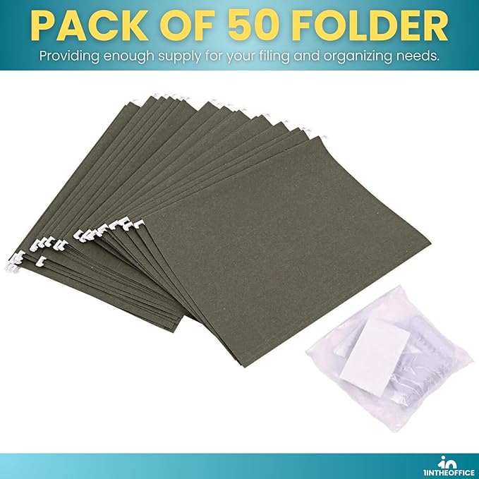 1InTheOffice Green Hanging File Folders Letter Size, Hanging Organizer File Folders, Green Hanging Folders, 1/3 Tabs, 11 pt, 50 Pack-DeskLoop Office