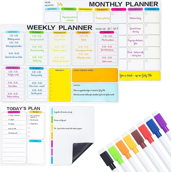 M&G Dry Erase Magnetic Fridge Calendar Set, 4 Pack- Monthly & Weekly & Daily Planner Whiteboard with 10 Markers and Eraser, Chore Chart for Refrigerator Wall Door, Family Schedule Planning Whiteboards-DeskLoop Office