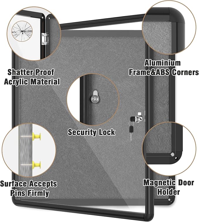 28"x26" Enclosed Bulletin Board, Lockable Weather-Resistant Aluminum Cork Noticeboard for School & Office, Black Frame w/Grey Flet-DeskLoop Office
