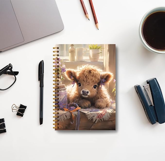 Floral Highland Cow Notebook - Western Cow Notebook, Highland Cow Office Supplies, Highland Cow Gifts, Cow Lover Gifts, Cute Cow Stuff, Cute Highland Cow with Lavender Spiral Notebook 5.5x8.3-DeskLoop Office