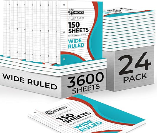 Loose Leaf Paper Bulk, 3600 Sheets, Wide Ruled, 8 x 10.5", Bulk Filler Paper for Office, 56 Gsm Thick Sheets, 3 Hole Punched for Binders, 24 Pack, 150 Sheets/Pack, Notebook Papers, White-DeskLoop Office