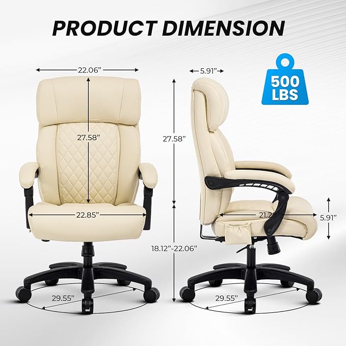 Lumbar Massage Office Chair, 500LBS Big and Tall Office Chair, Heavy Duty Ergonomic Executive Reclining Chair with High Back and Lumbar Support, Beige-DeskLoop Office